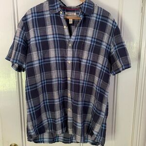 Good Threads Shirt mens L Linen Cotton Blend Button-Down Short Sleeve Blue Plaid